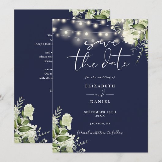 Navy Blue Floral String Lights QR Code Wedding Save The Date (Voorkant / Achterkant)