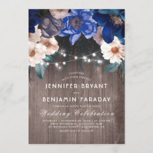 Navy Blue Floral String Lights Rustic Fall Wedding Kaart