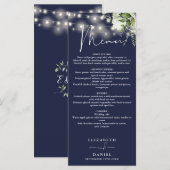 Navy Blue Floral String Lights Wedding Dinner Menu (Voorkant / Achterkant)