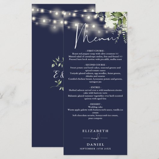 Navy Blue Floral String Lights Wedding Dinner Menu (Voorkant / Achterkant)