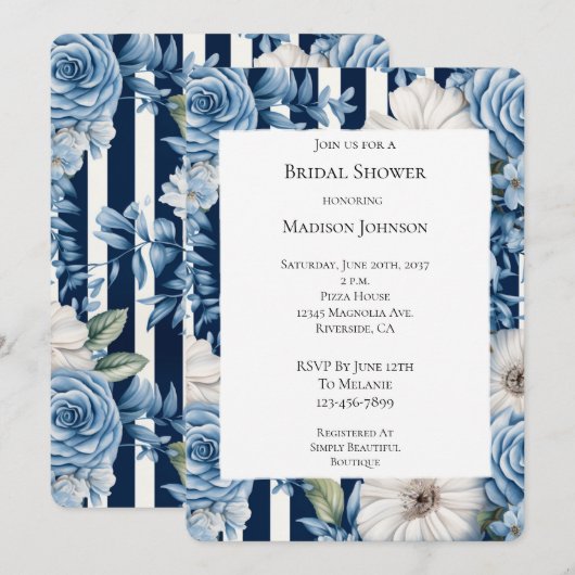 Navy Blue Floral Stripes Vrijgezellenfeest Kaart (Voorkant / Achterkant)