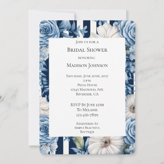 Navy Blue Floral Stripes Vrijgezellenfeest Kaart (Voorkant)