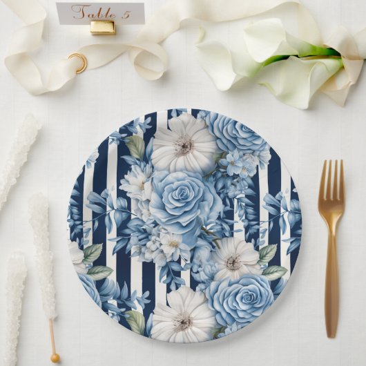 Navy Blue Floral Stripes Vrijgezellenfeest Papieren Bordje (Huwelijk)