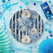 Navy Blue Floral Stripes Vrijgezellenfeest Papieren Bordje (Feest)