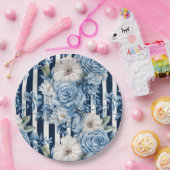 Navy Blue Floral Stripes Vrijgezellenfeest Papieren Bordje (Feest)