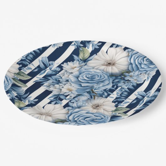 Navy Blue Floral Stripes Vrijgezellenfeest Papieren Bordje (Gekanteld)