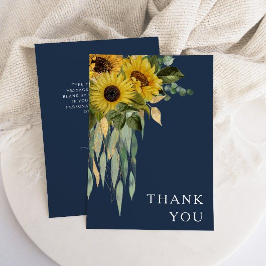 Navy Blue Floral Sunflower Eucalyptus Weddenschap Bedankkaart