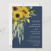 Navy Blue Floral Sunflower Eucalyptus Weddenschap Kaart (Voorkant)