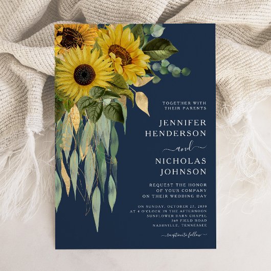 Navy Blue Floral Sunflower Eucalyptus Weddenschap Kaart