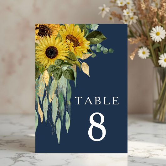 Navy Blue Floral Sunflower Eucalyptus Weddenschap Kaart
