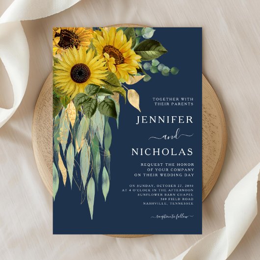 Navy Blue Floral Sunflower Eucalyptus Weddenschap Kaart