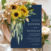 Navy Blue Floral Sunflower Eucalyptus Weddenschap Kaart
