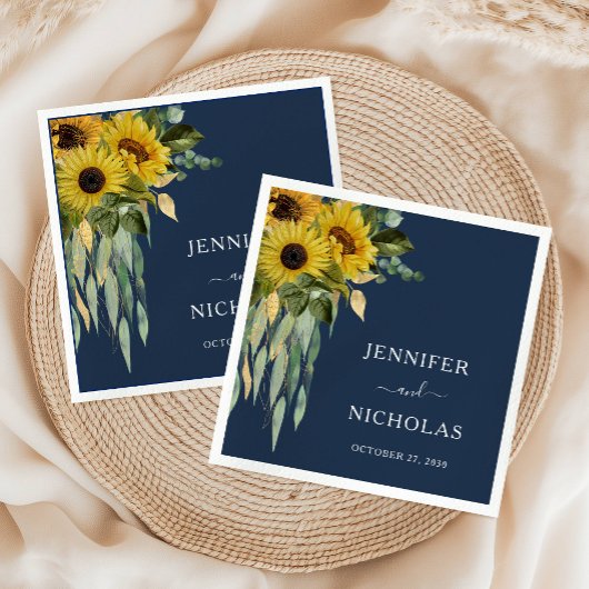 Navy Blue Floral Sunflower Eucalyptus Weddenschap Servet