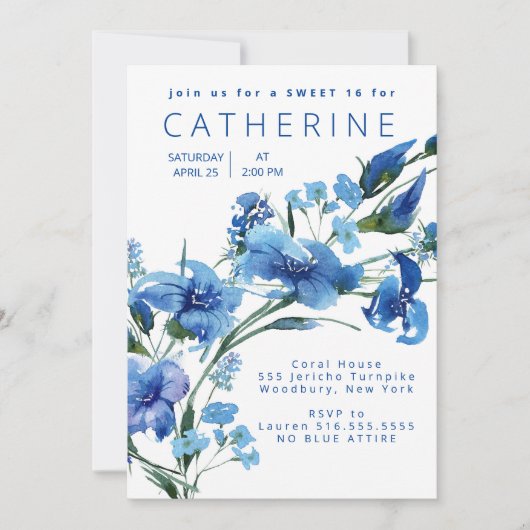 Navy Blue Floral Sweet 16 Party Kaart (Voorkant)