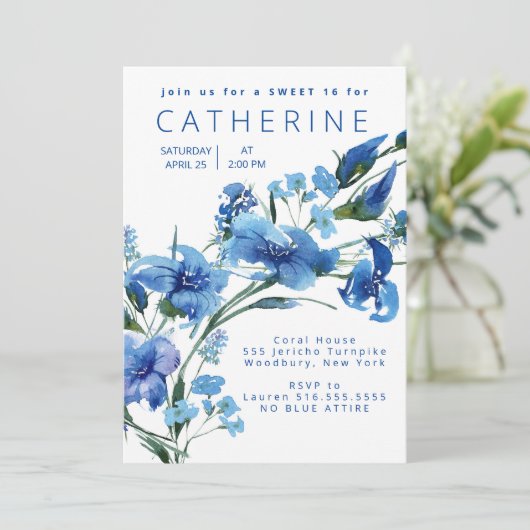 Navy Blue Floral Sweet 16 Party Kaart (Staand voorkant)