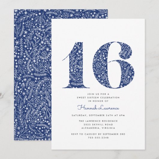 Navy Blue Floral Sweet Sixteen Birthday Kaart (Voorkant / Achterkant)