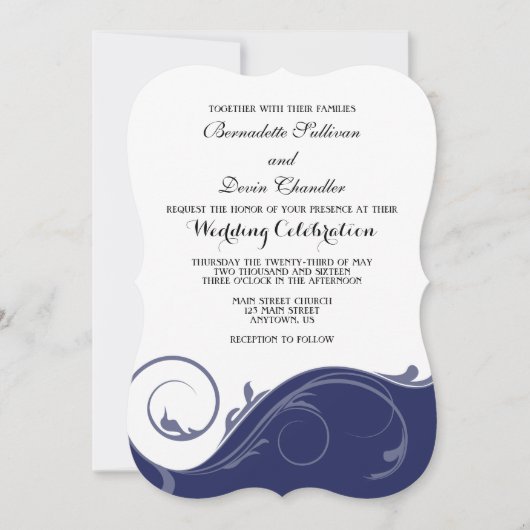 Navy Blue Floral Swirl Bracket Wedding Invites Kaart (Voorkant)
