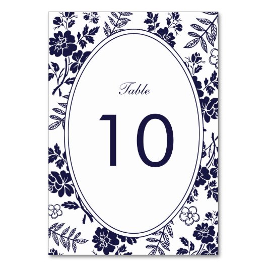 Navy Blue Floral Tafelnummer Kaart (Voorkant)
