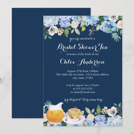Navy Blue Floral Teacup Bruids Douche Uitnodiging (Voorkant / Achterkant)