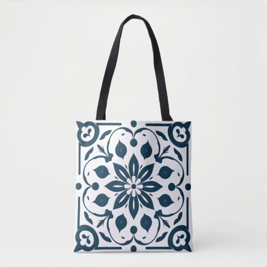 Navy Blue Floral Tegel Pattern Canvas tas (Voorkant)