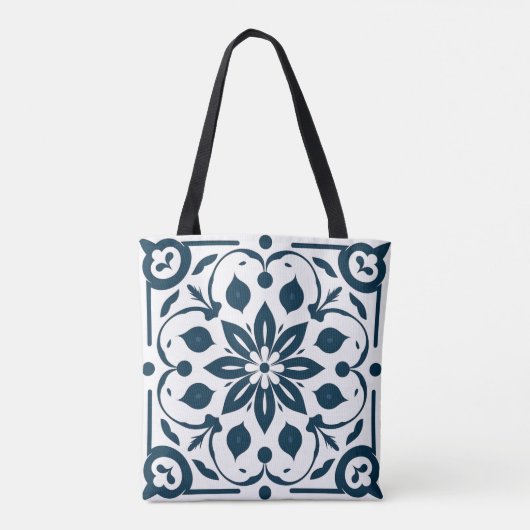 Navy Blue Floral Tegel Pattern Canvas tas (Achterkant)