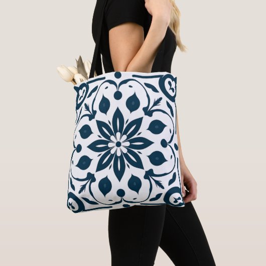 Navy Blue Floral Tegel Pattern Canvas tas (Dichtbij)