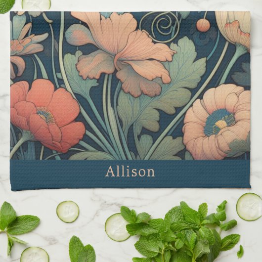 Navy blue floral theedoek (Gevouwen)