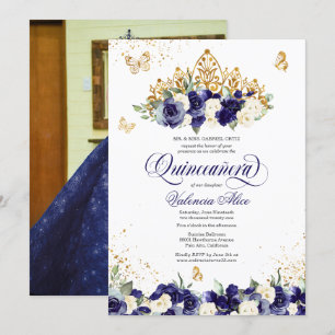Navy Blue Floral Tiara Butterfly Foto Quinceanera Kaart