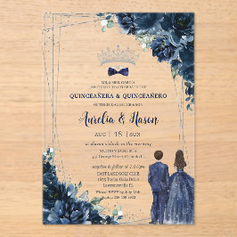 Navy Blue Floral Twins Boy Girl Silver Quinceañera Acryl Uitnodigingen