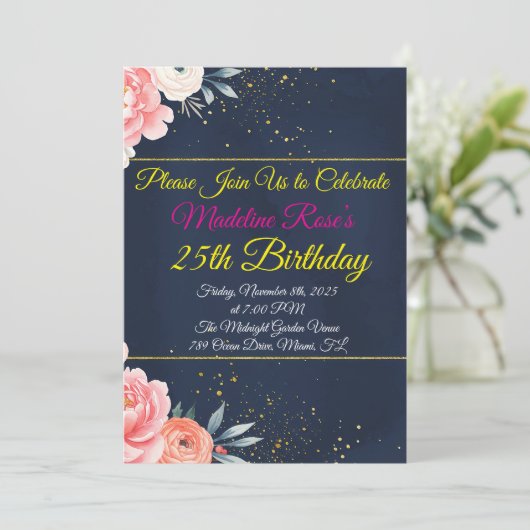 Navy Blue Floral Verjaardag Uitnodiging (Staand voorkant)