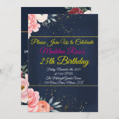 Navy Blue Floral Verjaardag Uitnodiging (Voorkant / Achterkant)