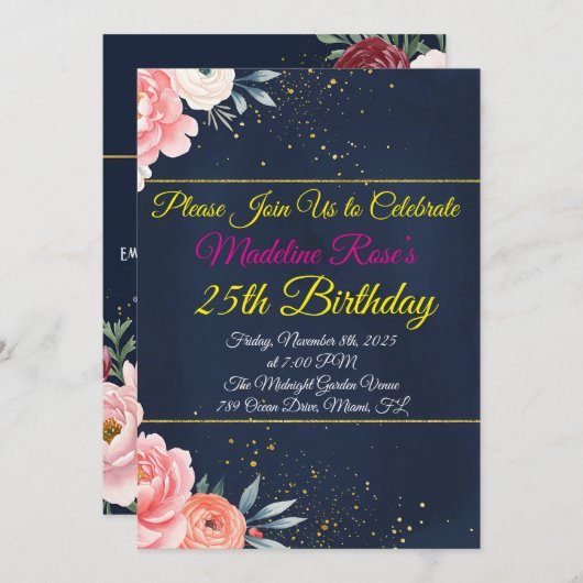 Navy Blue Floral Verjaardag Uitnodiging (Voorkant / Achterkant)