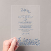 Navy Blue Floral Victoriaans Frans Elegant Huwelij Acryl Uitnodigingen (Insitu (Draagbaar))