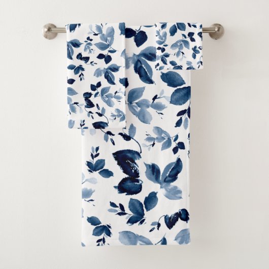Navy Blue Floral Waterverf Bath Towel Bad Handdoek (Insitu)