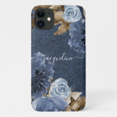 Navy Blue Floral Waterverf bruin olieveld monogram Case-Mate iPhone Case (Achterkant)