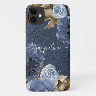 Navy Blue Floral Waterverf bruin olieveld monogram Case-Mate iPhone Case