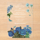 Navy Blue Floral Waterverf Elegante bruiloft Acryl Uitnodigingen (Voorkant)