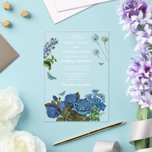 Navy Blue Floral Waterverf Elegante bruiloft Acryl Uitnodigingen (Insitu (Huwelijk))