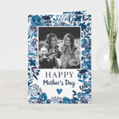 Navy blue Floral waterverf gedicht foto Moederdag Kaart (Voorkant)