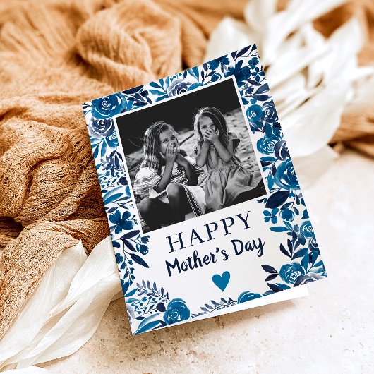 Navy blue Floral waterverf gedicht foto Moederdag Kaart