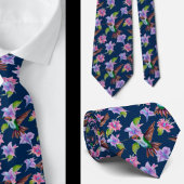 Navy Blue Floral Waterverf Hummingbird Flowers Stropdas