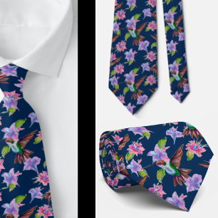 Navy Blue Floral Waterverf Hummingbird Flowers Stropdas
