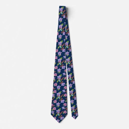Navy Blue Floral Waterverf Hummingbird Flowers Stropdas (Voorkant)