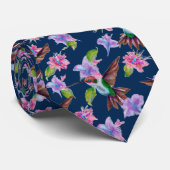 Navy Blue Floral Waterverf Hummingbird Flowers Stropdas (Opgerold)