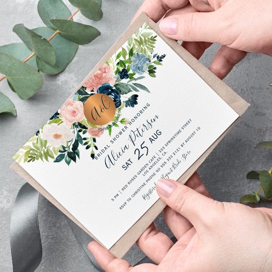 Navy blue floral waterverf monogram vrijgezellenfe kaart