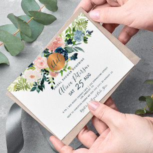 Navy blue floral waterverf monogram vrijgezellenfe kaart