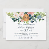 Navy blue floral waterverf monogram vrijgezellenfe kaart (Voorkant)