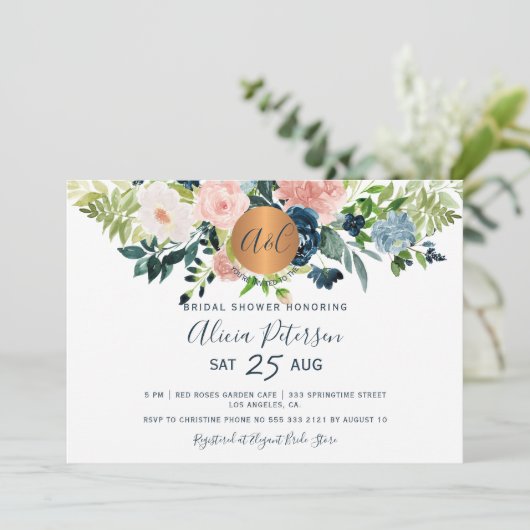 Navy blue floral waterverf monogram vrijgezellenfe kaart (Staand voorkant)