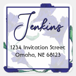 Navy Blue Floral Waterverf Trouwadres Vierkante Sticker