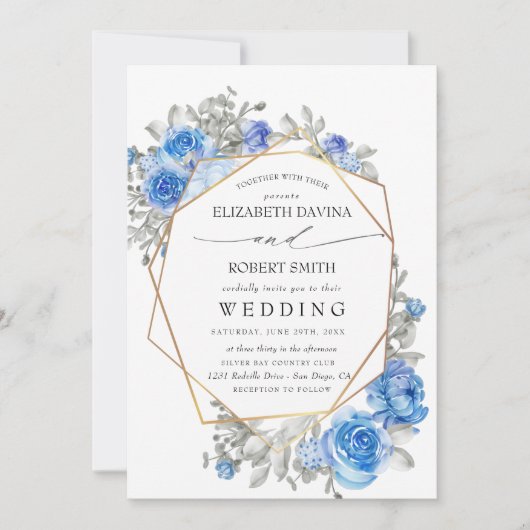 Navy Blue Floral Waterverf Wedding Kaart (Voorkant)